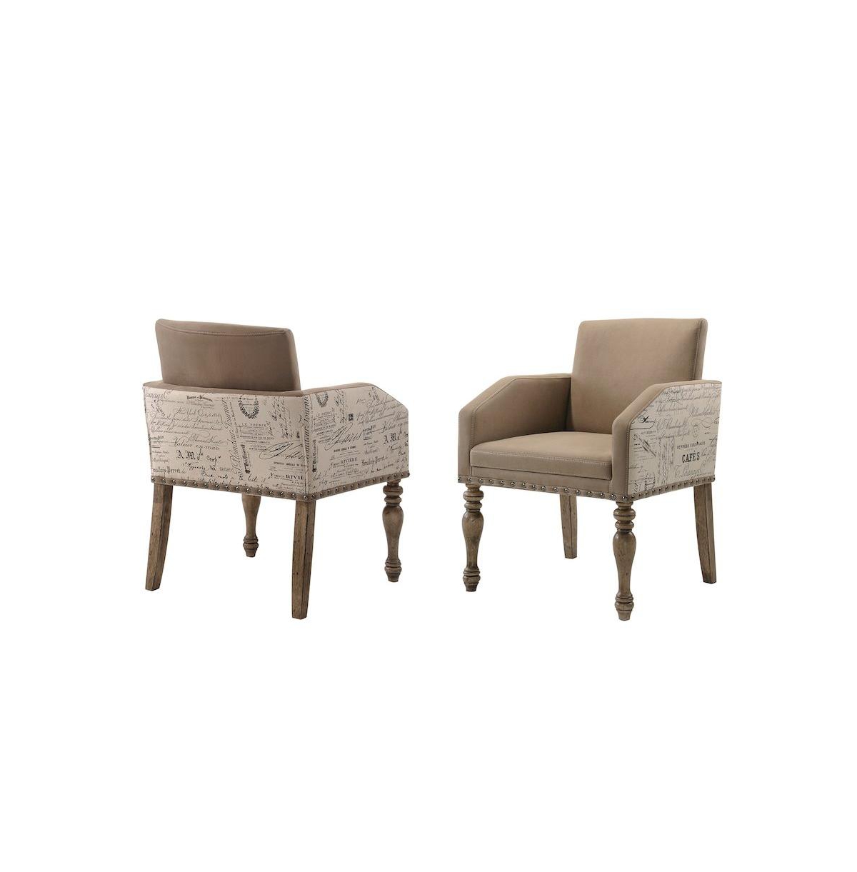 Roundhill Furniture Birmingham Script Printed Driftwood Finish Dining Arm Chair, Set of 2 - Beige