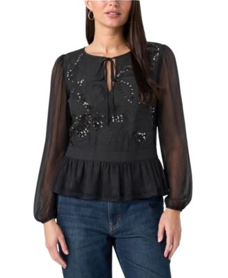 Women's Floral-Embroidered Tie-Front Blouse