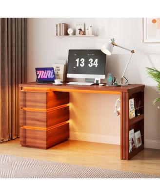 LED Computer Desk with Charging Station, Drawers and Side Storage Shelf