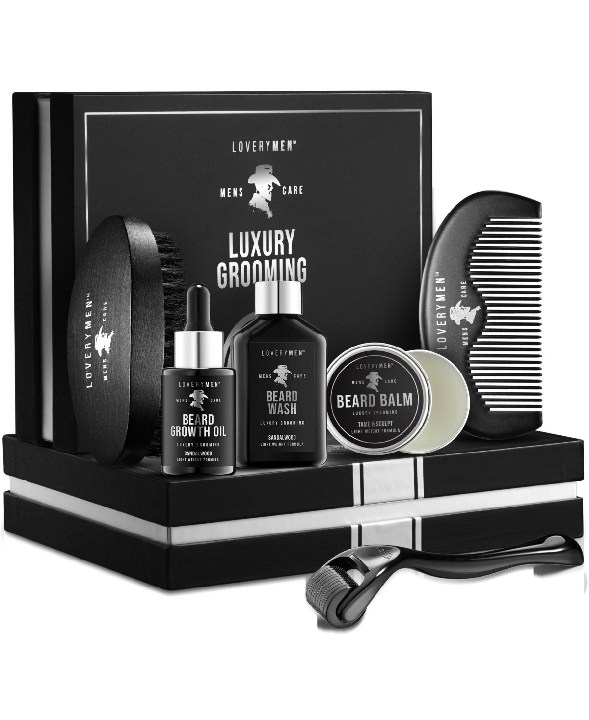 Lovery 7-Pieces Beard Growth Kit Gift Set - Black and Silver