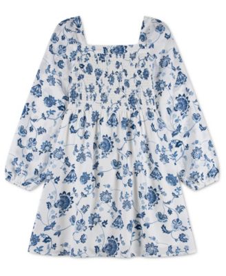 Girls' 5-16 Fit-and-Flare Square Neck Smocked Long-Sleeve Dress