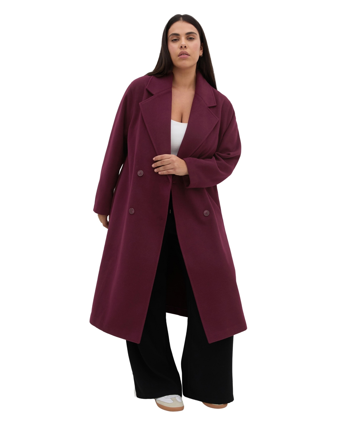 City Chic Plus Size Anita Longline Double-Breasted Coat - Bordeaux