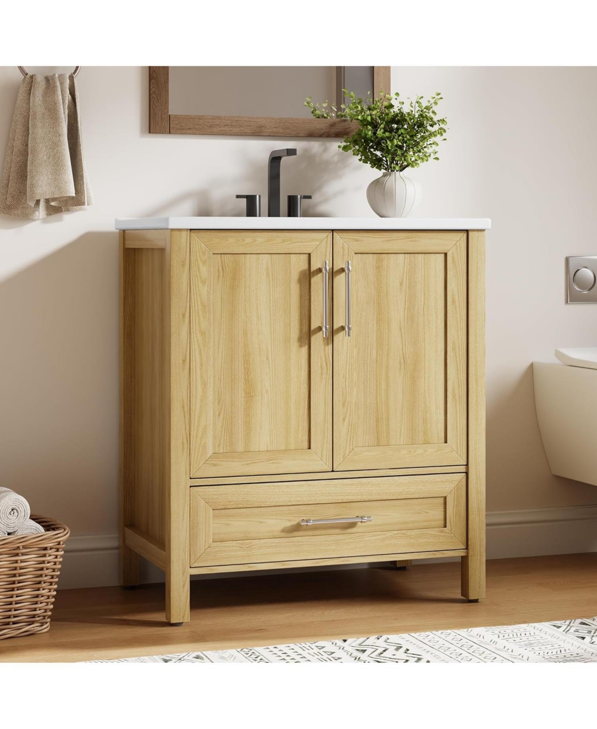 gaomon Bathroom Vanity with Sink, Farmhouse Vintage Freestanding Wood Cabinet with Doors and Drawers, Space-Saving Storage for Small Bathroom - Natura