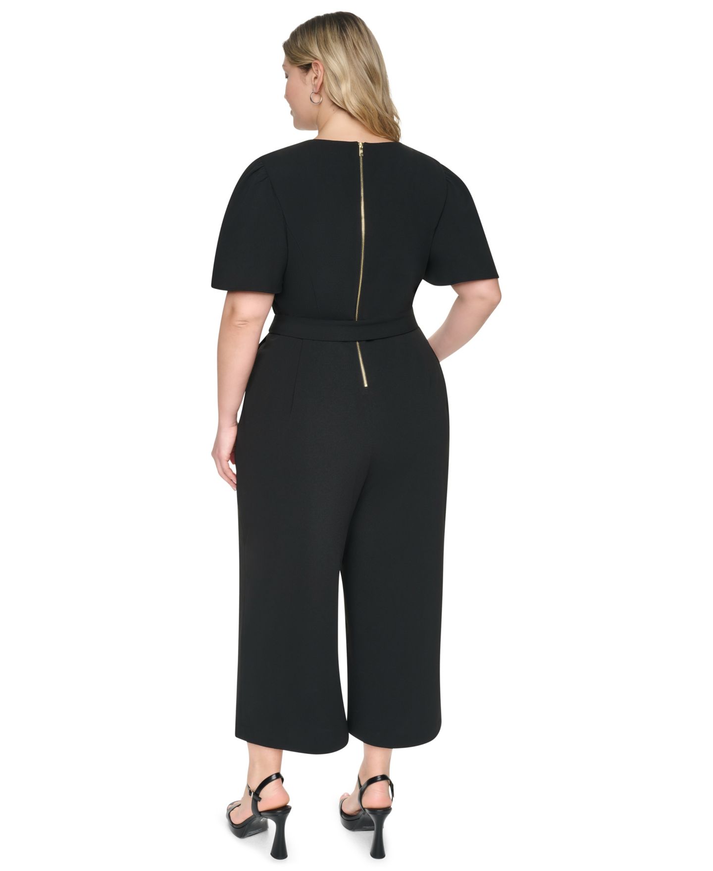Женский комбинезон DKNY Plus Size Flutter Sleeve Wide-Leg Cropped Jumpsuit, цвет: Чёрный — фото 6