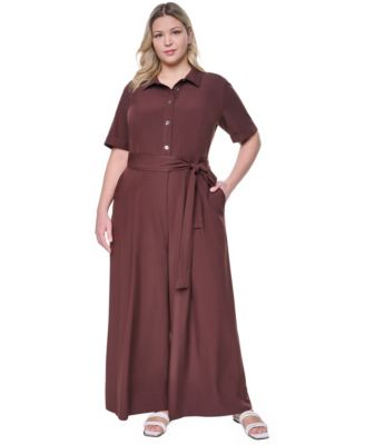 Plus Size Wide-Leg Short-Sleeve Tie Belt Jumpsuit