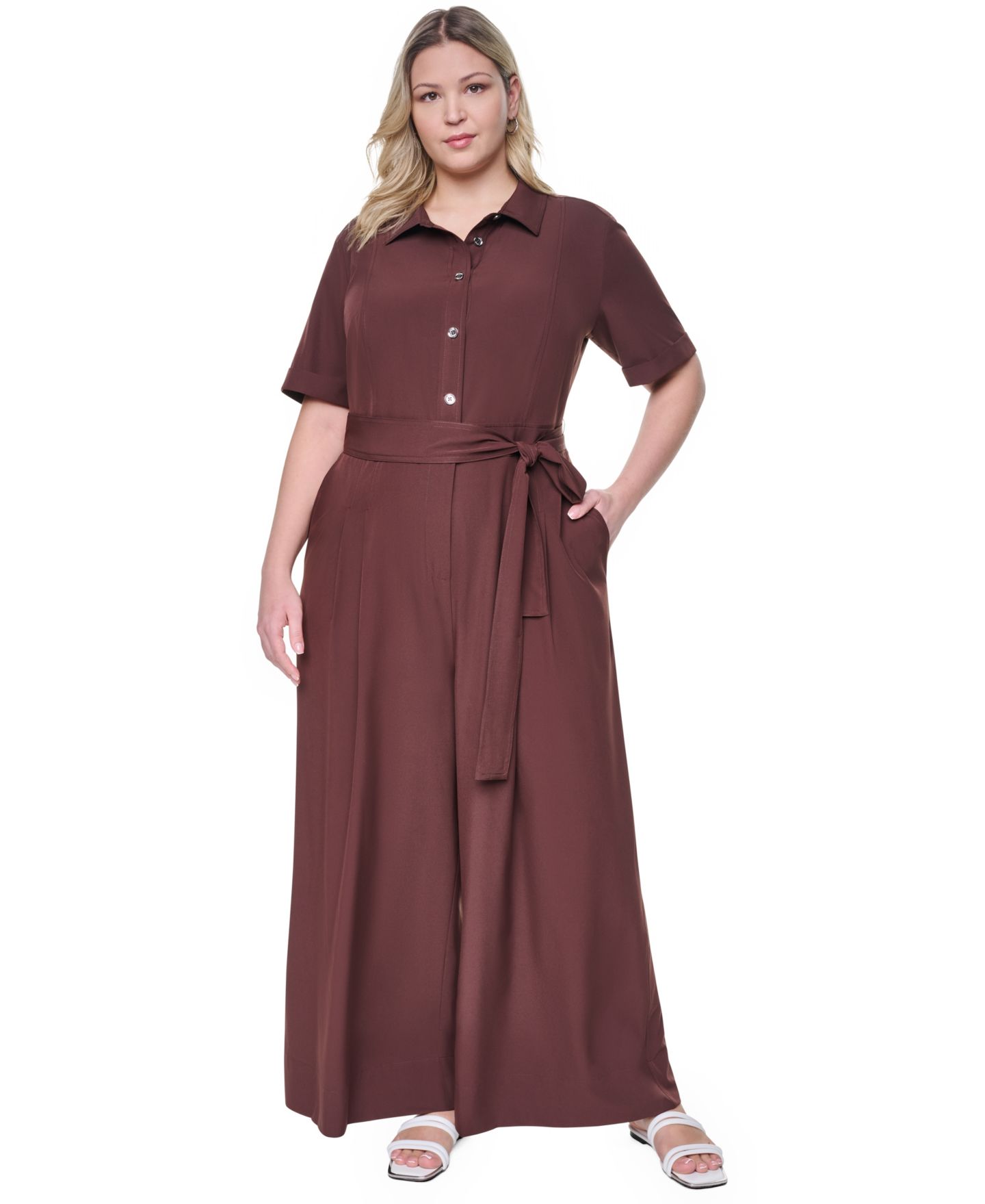 Женский комбинезон DKNY Plus Size Wide-Leg Short-Sleeve Tie Belt Jumpsuit, цвет: Java — фото 1