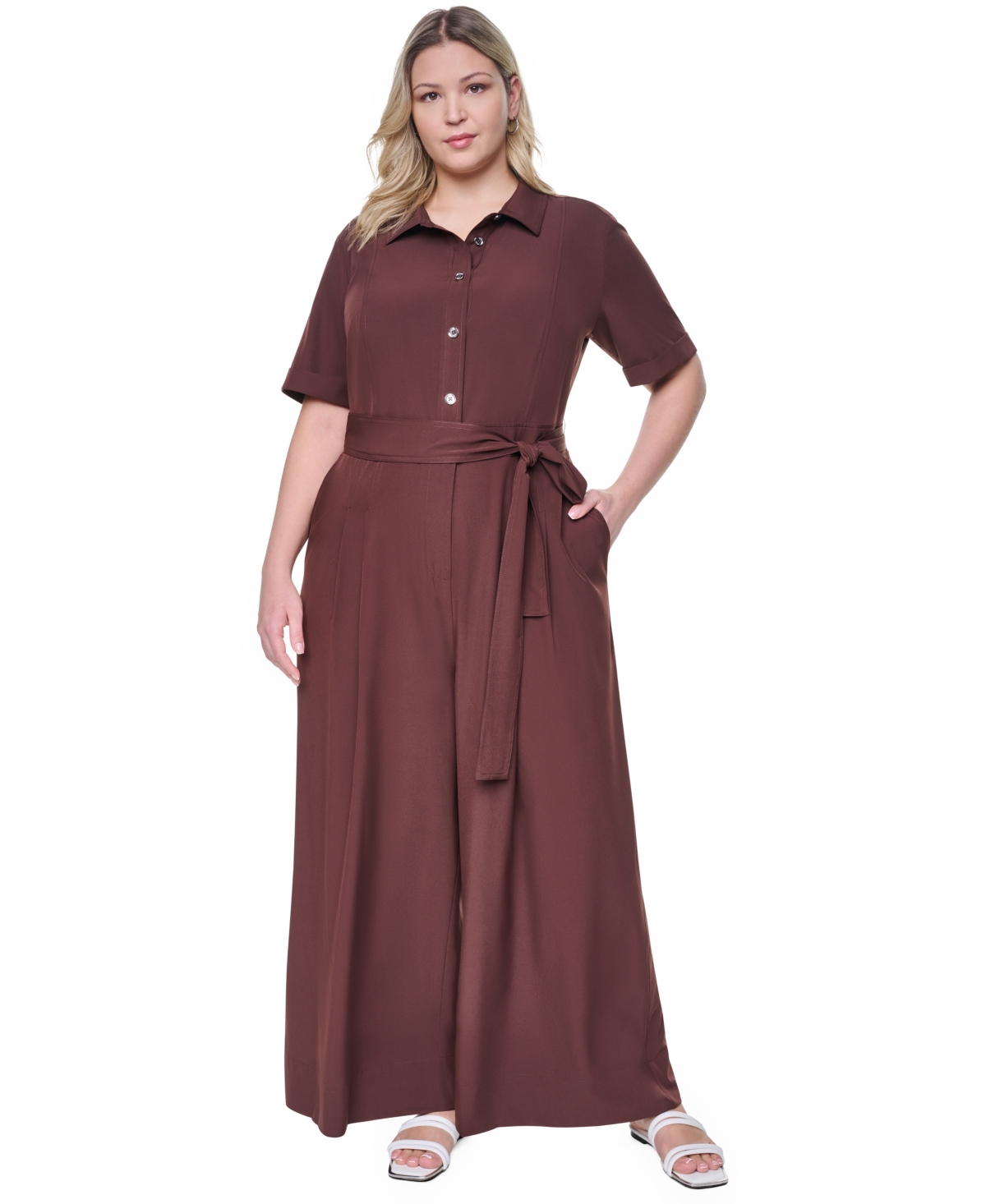 Dkny Plus Size Wide-leg Short-sleeve Tie Belt Jumpsuit In Brown