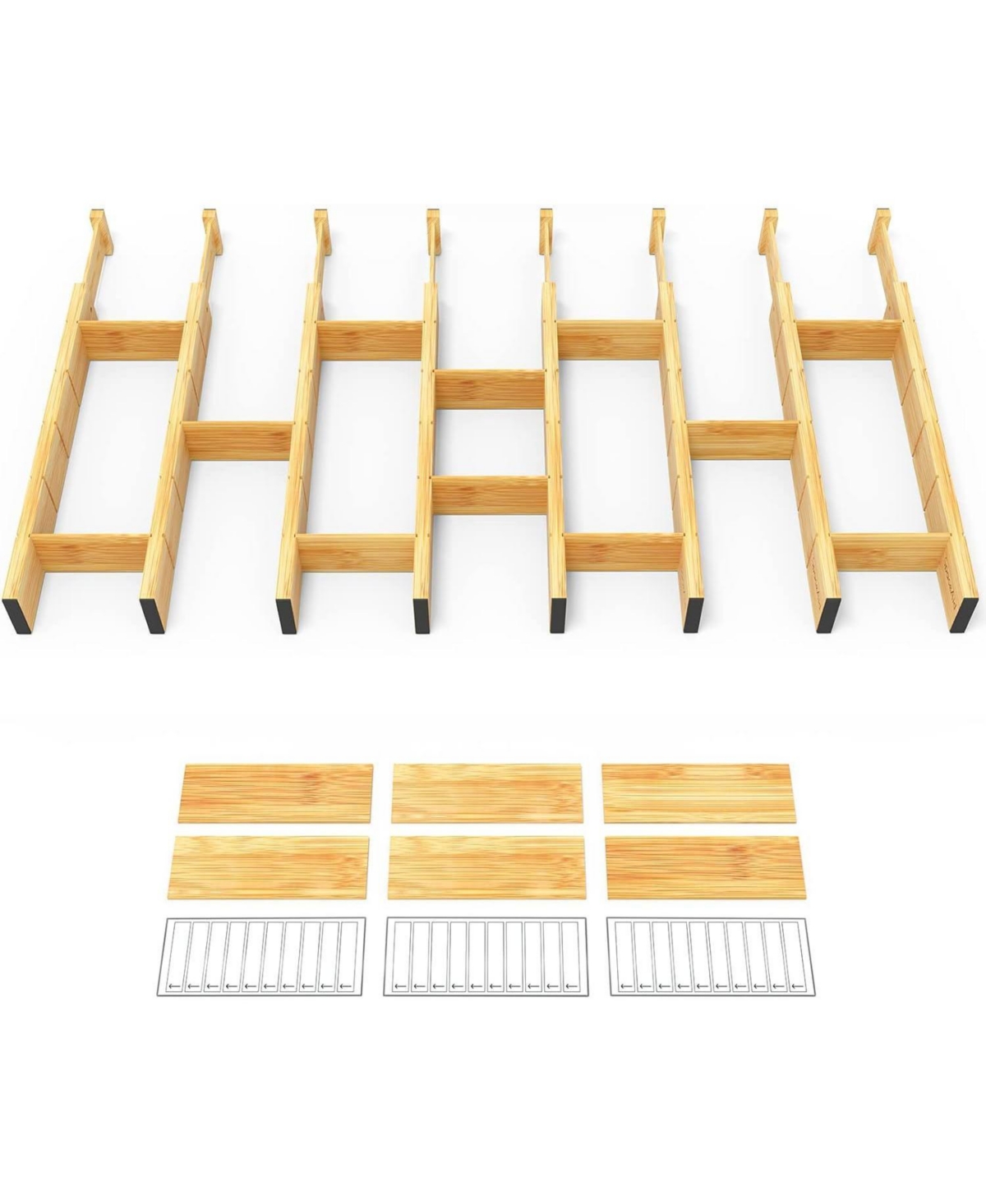 SpaceAid 8 Pack Bamboo Drawer Dividers with 18 Insets, 17-22" Adjustable Organizers