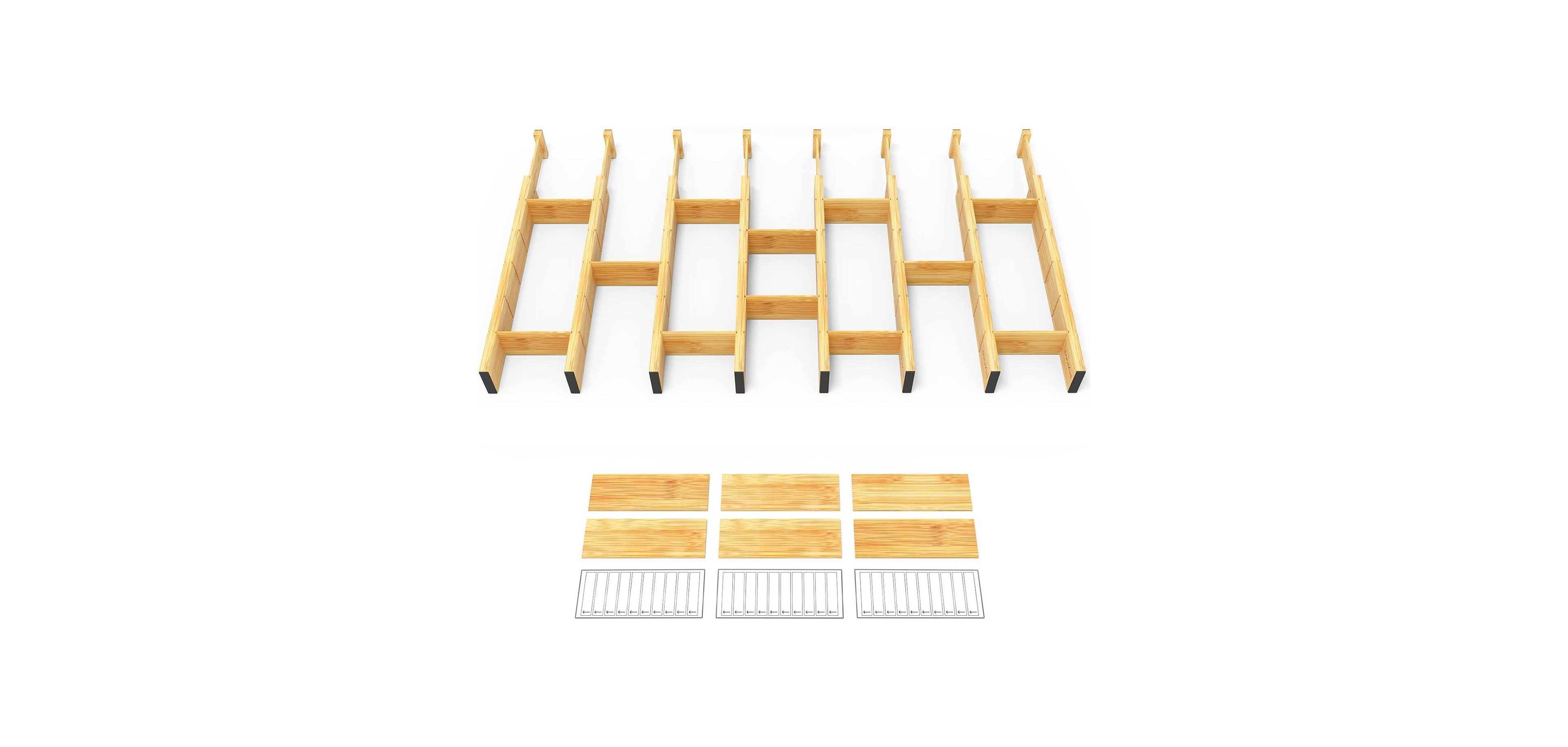 SpaceAid 8 Pack Bamboo Drawer Dividers with 18 Insets, 17-22" Adjustable Organizers