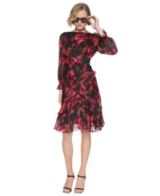 Petite Boat-Neck Long-Sleeve Floral-Print Dress
