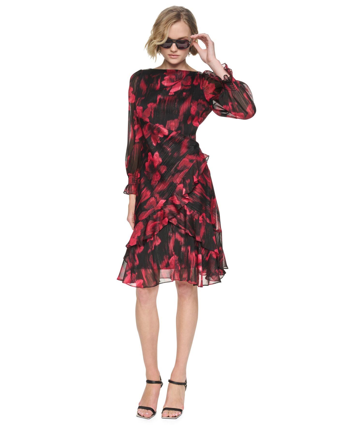 Женское платье DKNY Petite Boat-Neck Long-Sleeve Floral-Print, цвет: Малиновый — фото 1