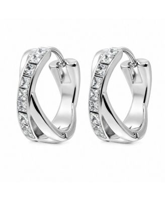 Cubic Zirconia/Silver-Tone Princess-Cut Crossover Huggie Hoop Earrings