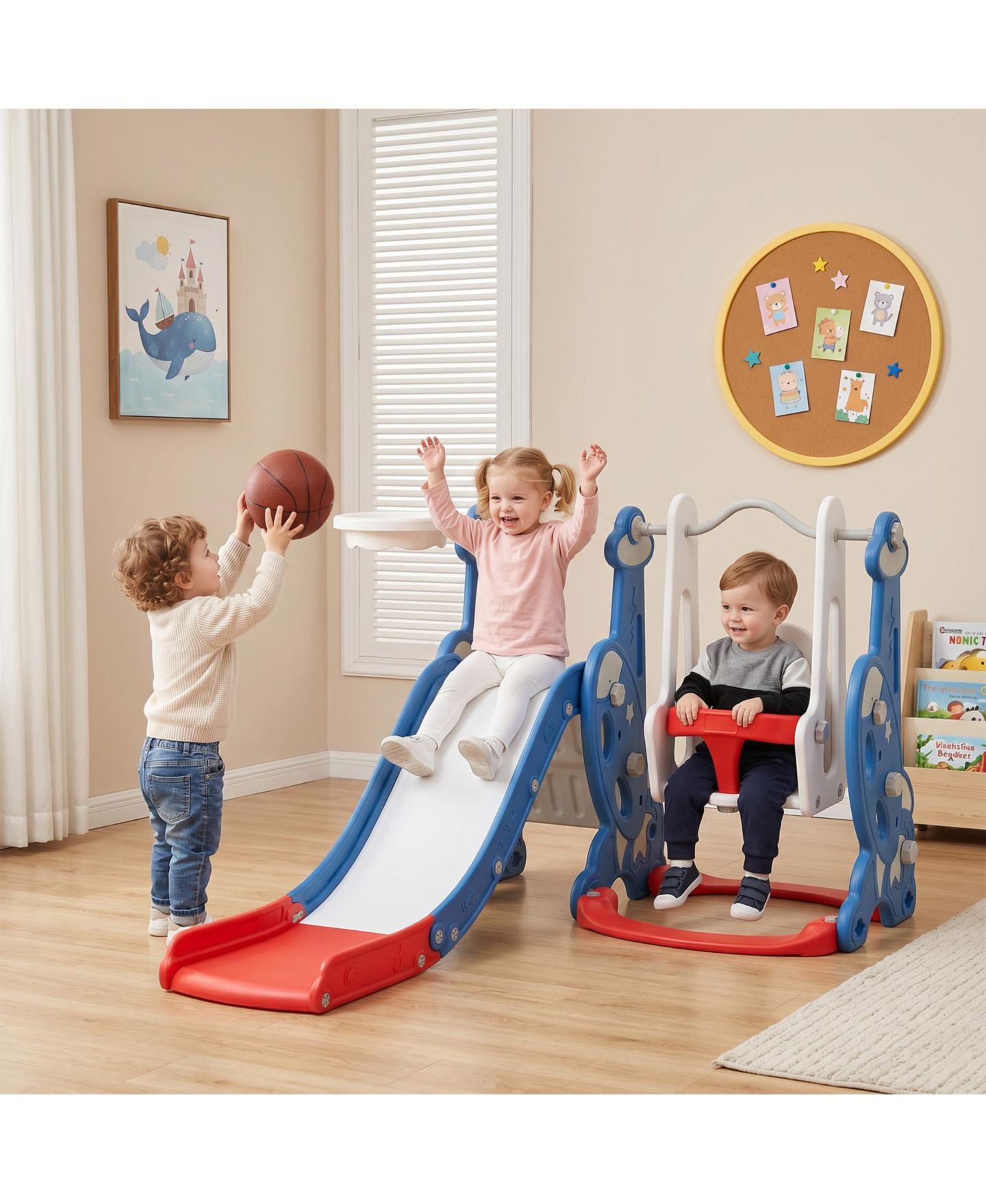 Детский игровой набор homfan Multi-Function Indoor Slide and Swing Play Set with Basketball Hoop, Ages 1+, цвет: Синий — фото 3