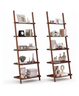 2Pieces 5 Tier Ladder Shelf Wall Leaning Bookshelf Display Bookcase Storage Rack