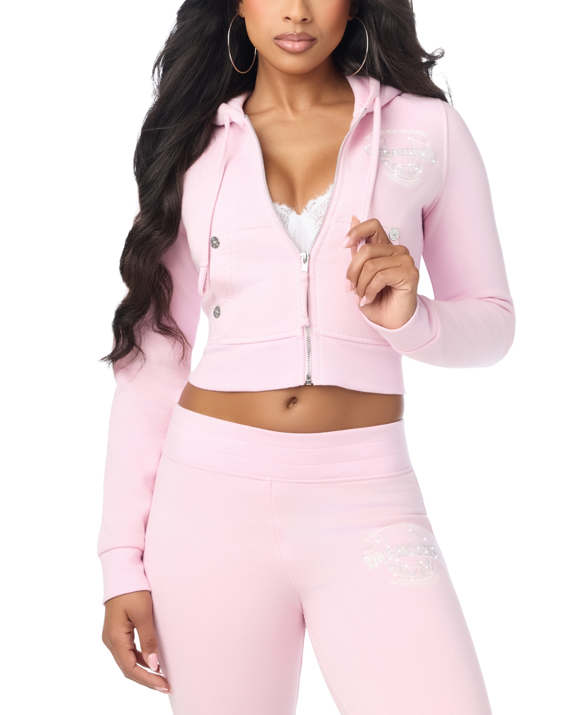 True Religion Women's Full-Zip Cropped Rhinestone Hoodie