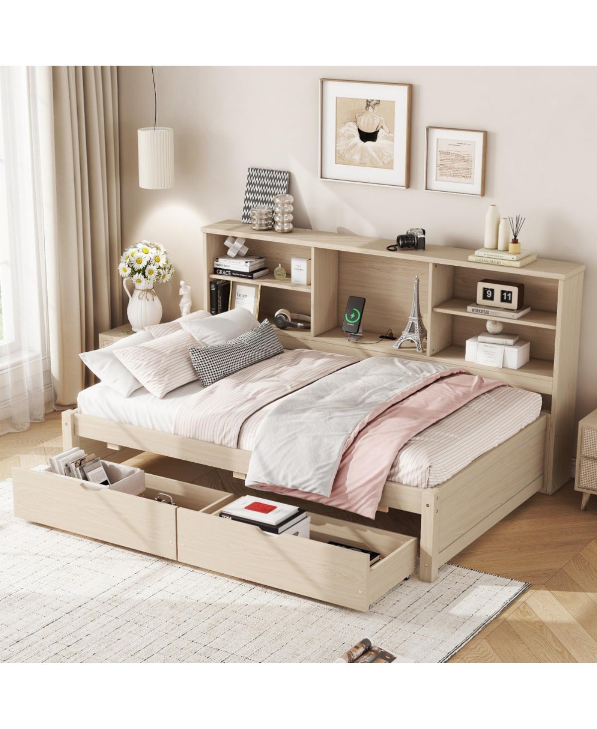 Rainsken Bed Frame with Bookshelf, 2 Storage Drawers, Usb and Type C Charging Port, for Bedroom Guest Room, No Box Spring Needed