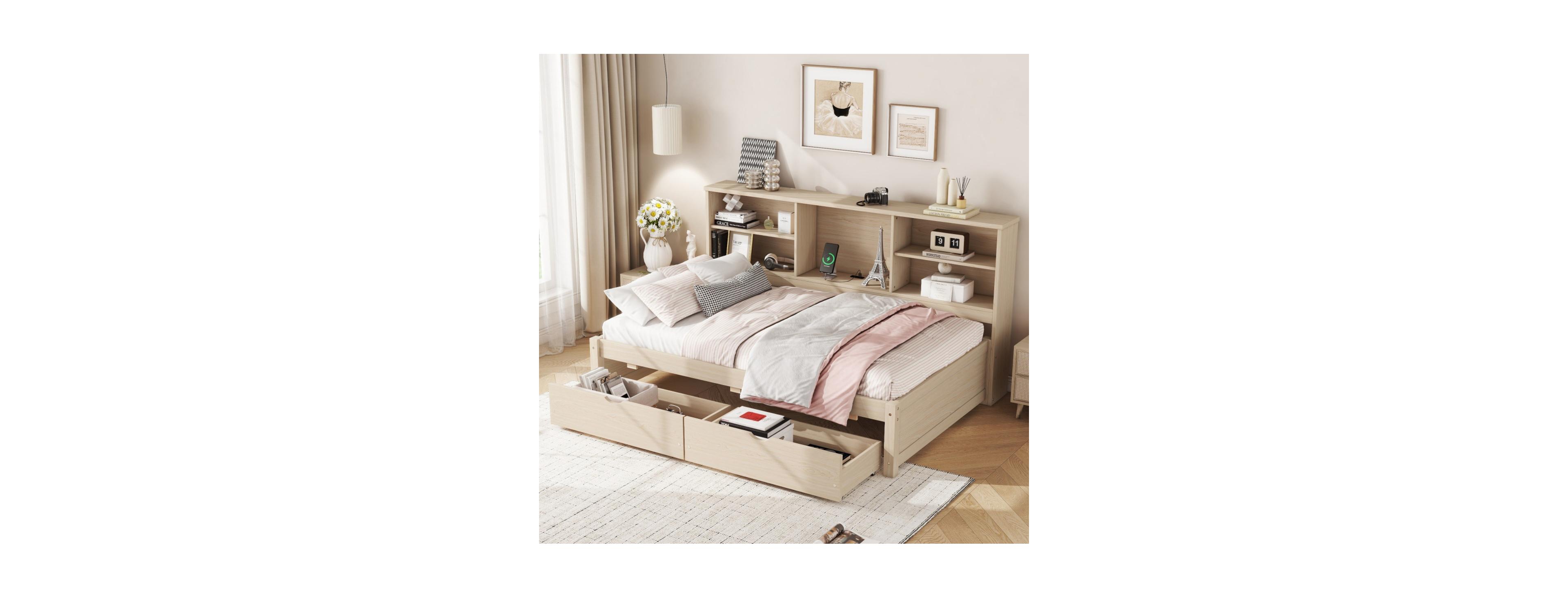 Rainsken Bed Frame with Bookshelf, 2 Storage Drawers, Usb and Type C Charging Port, for Bedroom Guest Room, No Box Spring Needed