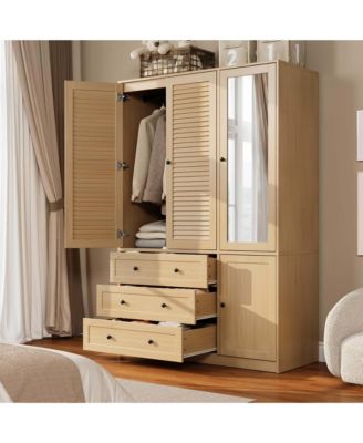 70 Inch Wardrobe Closet with Mirror 4 Doors and Hanging Rod 3 Drawers Wood Armoire Storage Cabinet for Bedroom