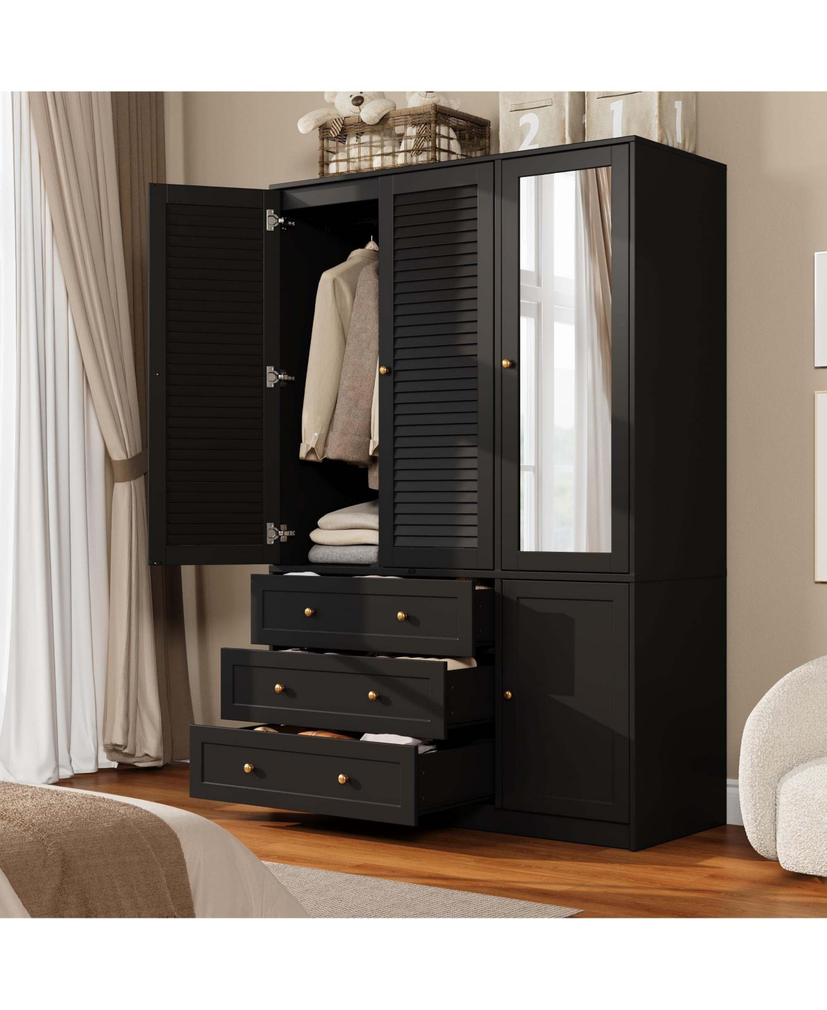homfan 70 Inch Wardrobe Closet with Mirror 4 Doors and Hanging Rod 3 Drawers Wood Armoire Storage Cabinet for Bedroom - Black