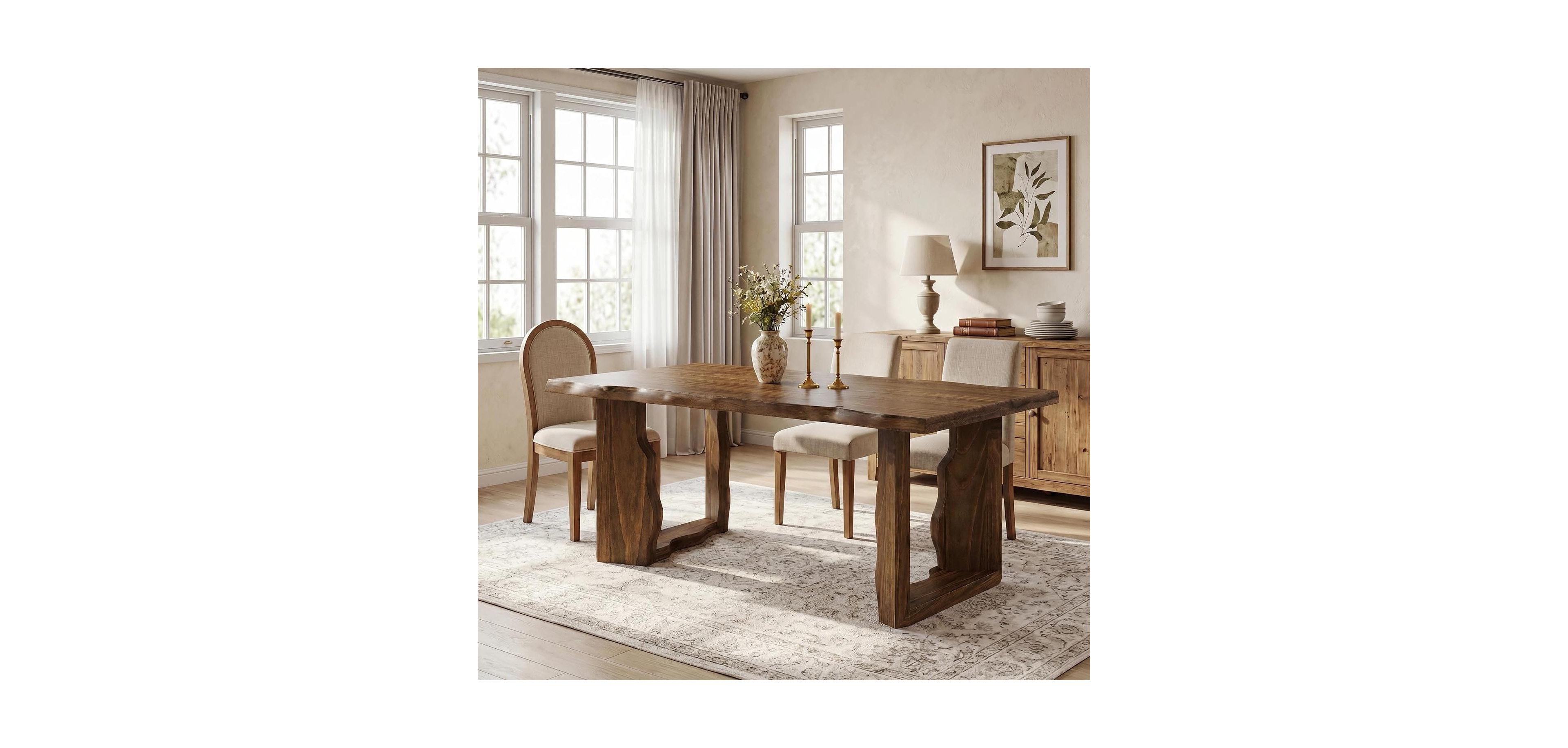 Tribesigns 63 inch Live Edge Solid Wood Dining Table for 6 People, Rustic Kitchen Table with Sculptural Legs