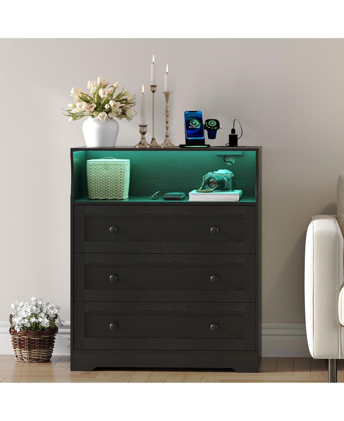 homfan 3-Drawer Wooden Dresser with Led Lights and Charging Station Usb Ports Modern Chest for Bedroom Living Room 37.2 Inch