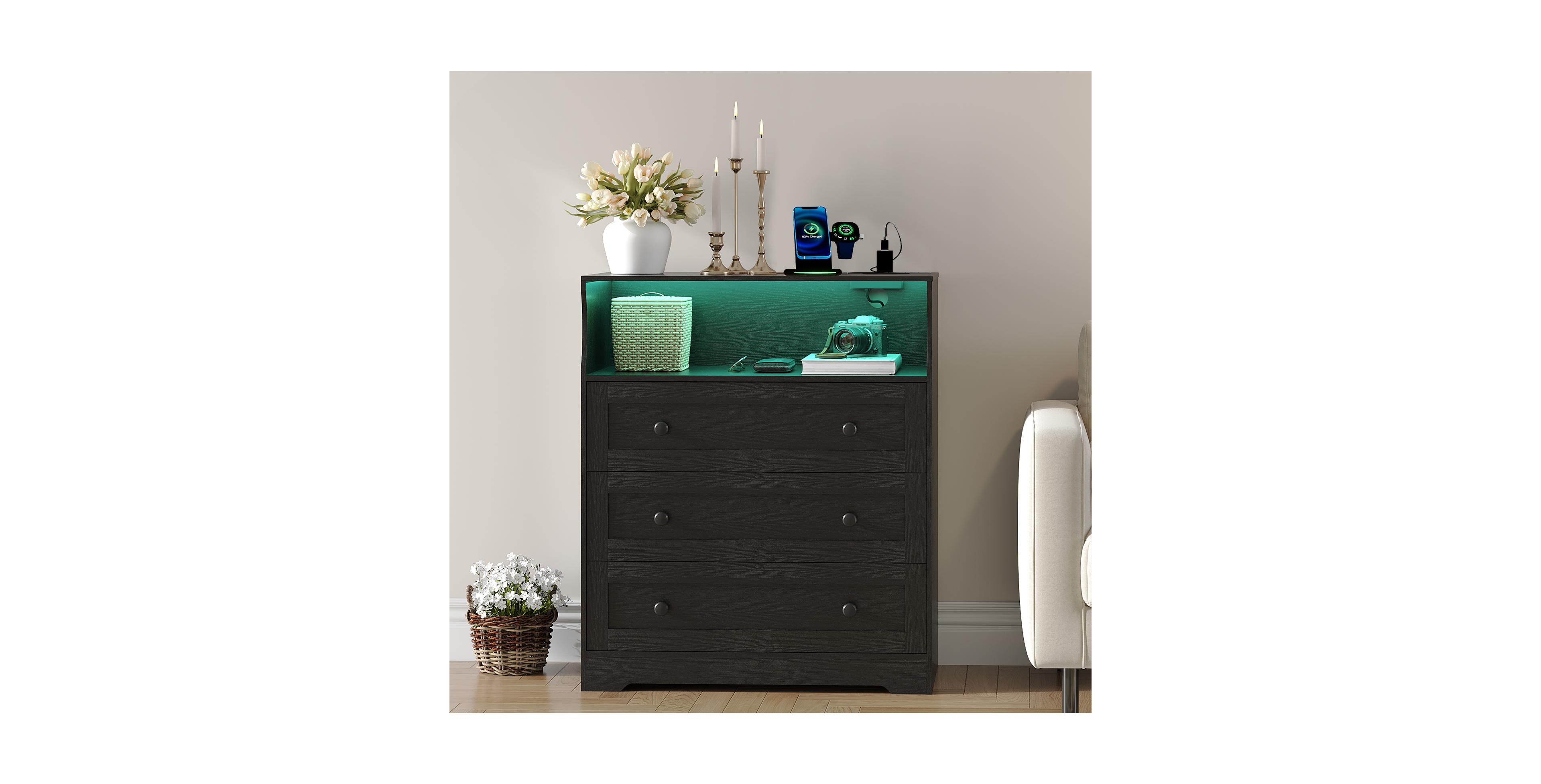 homfan 3-Drawer Wooden Dresser with Led Lights and Charging Station Usb Ports Modern Chest for Bedroom Living Room 37.2 Inch