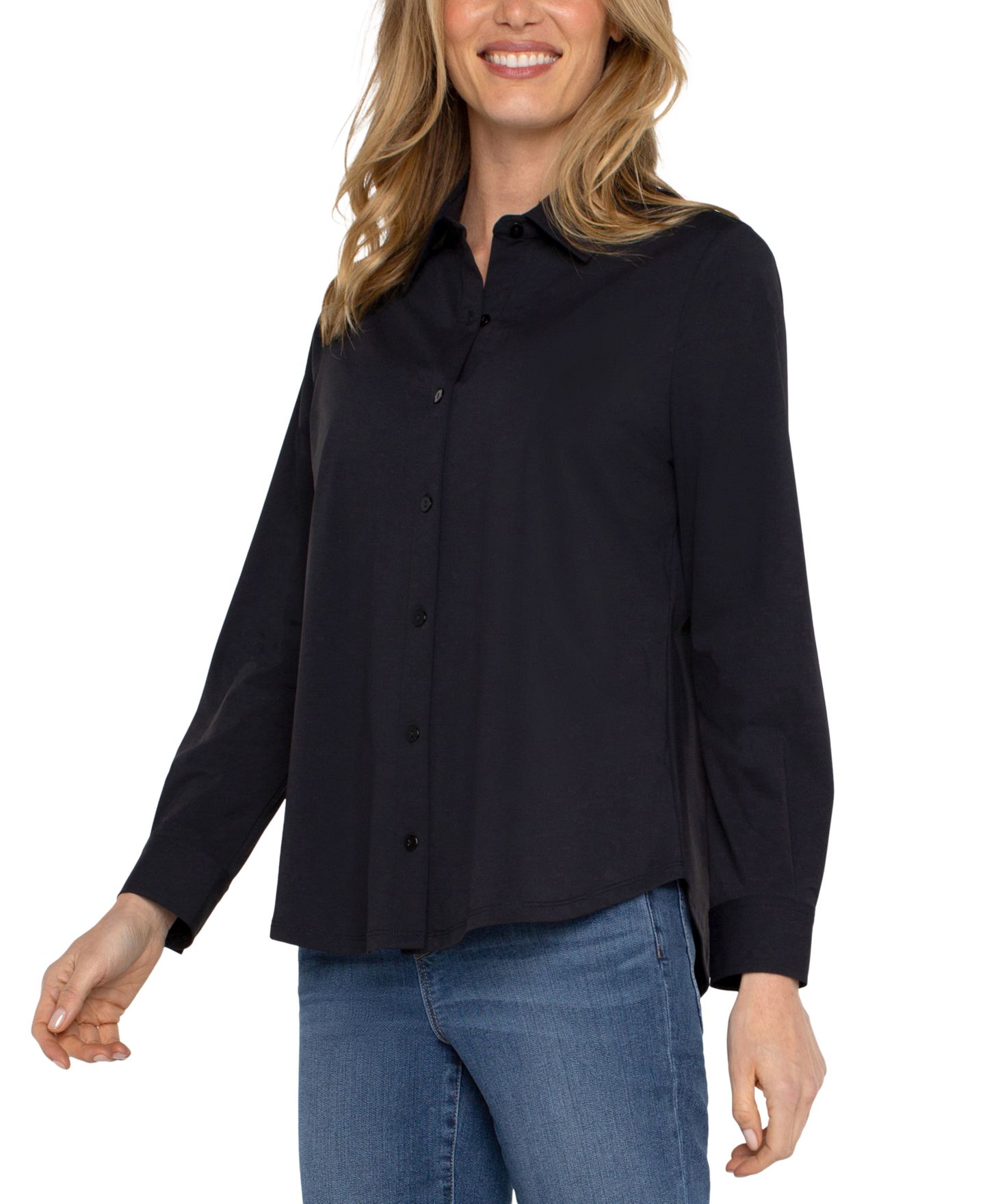 Женская блузка Liverpool Los Angeles Petite Long-Sleeve Button-Front Collared Blouse, цвет: Чёрный — фото 2