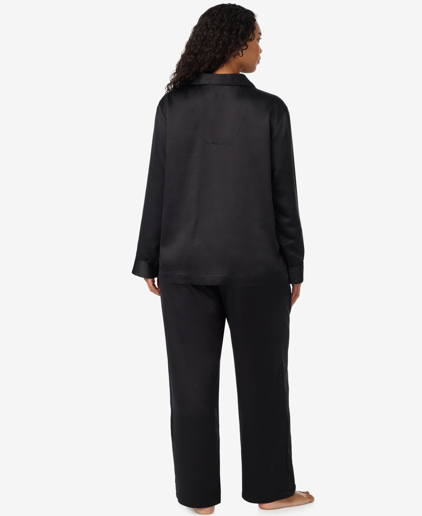 Lauren Ralph Lauren Plus Size Satin Long-Sleeve Notch Collar Top and Pants, 2-Piece Pajama Set, цвет: Чёрный — фото 3