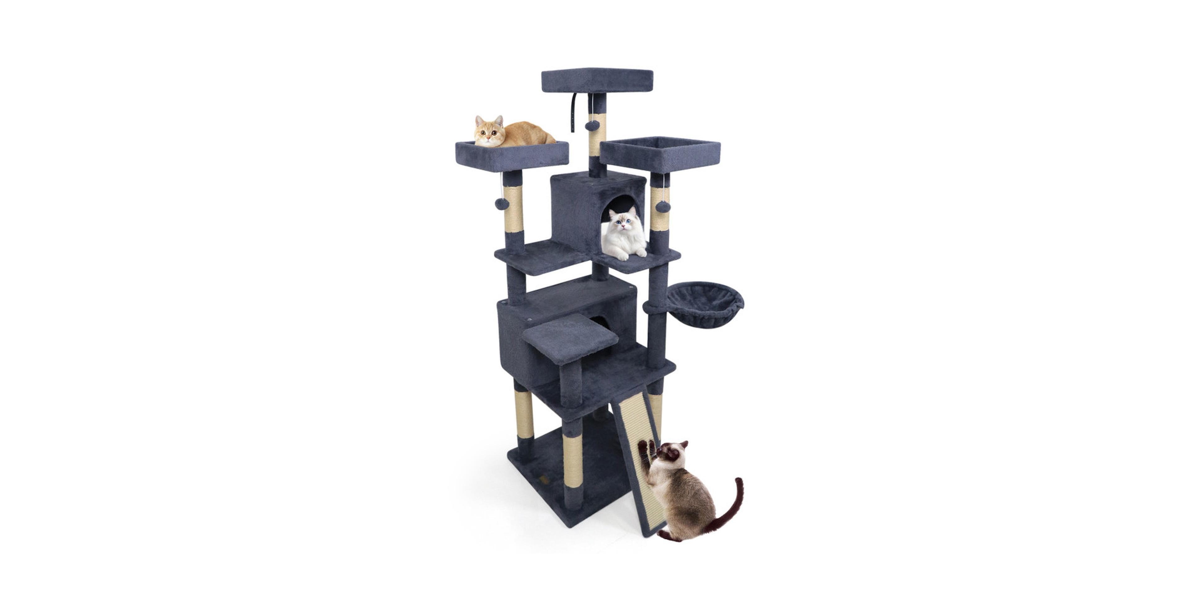 Sugift 65 Inch Cat Tower with 3 Upholstered Perches 2 Condos and 20 Inch Scratching Board