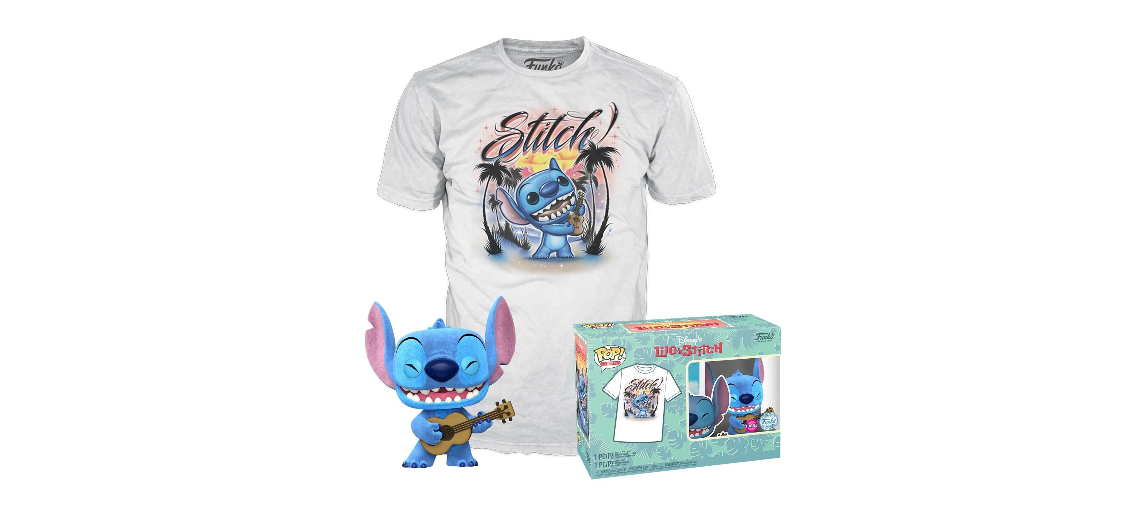 Funko Pop! Lilo and Stitch Ukulele Stitch Flocked Action Figure and T-Shirt, 2-Piece Set, Ages 6+