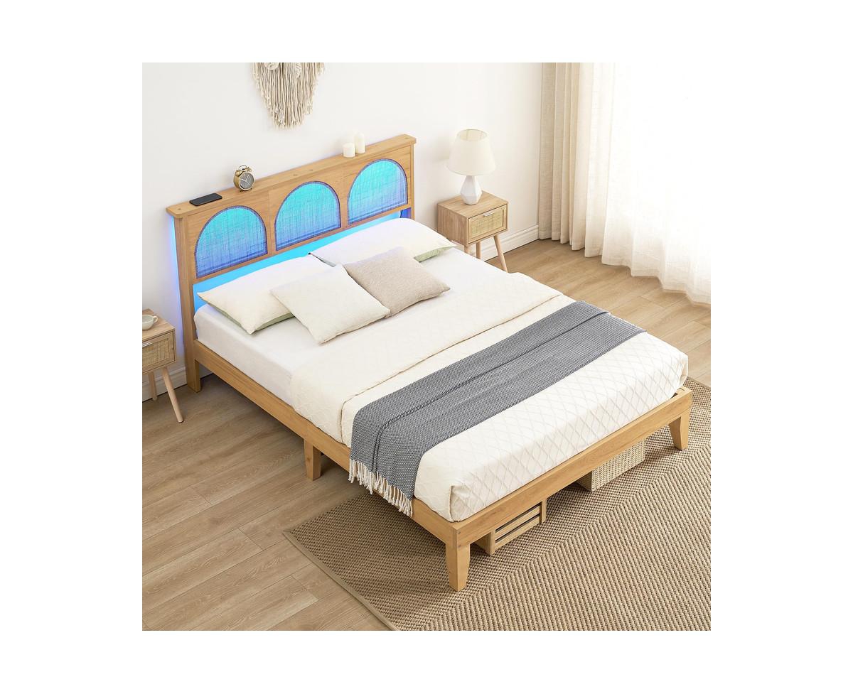 gaomon Full Size Bed Frame with Natural Rattan Headboard and Storage, Platform Bed Frame with Led Lights, No Box Spring Needed, Under Bed Storage, Eas