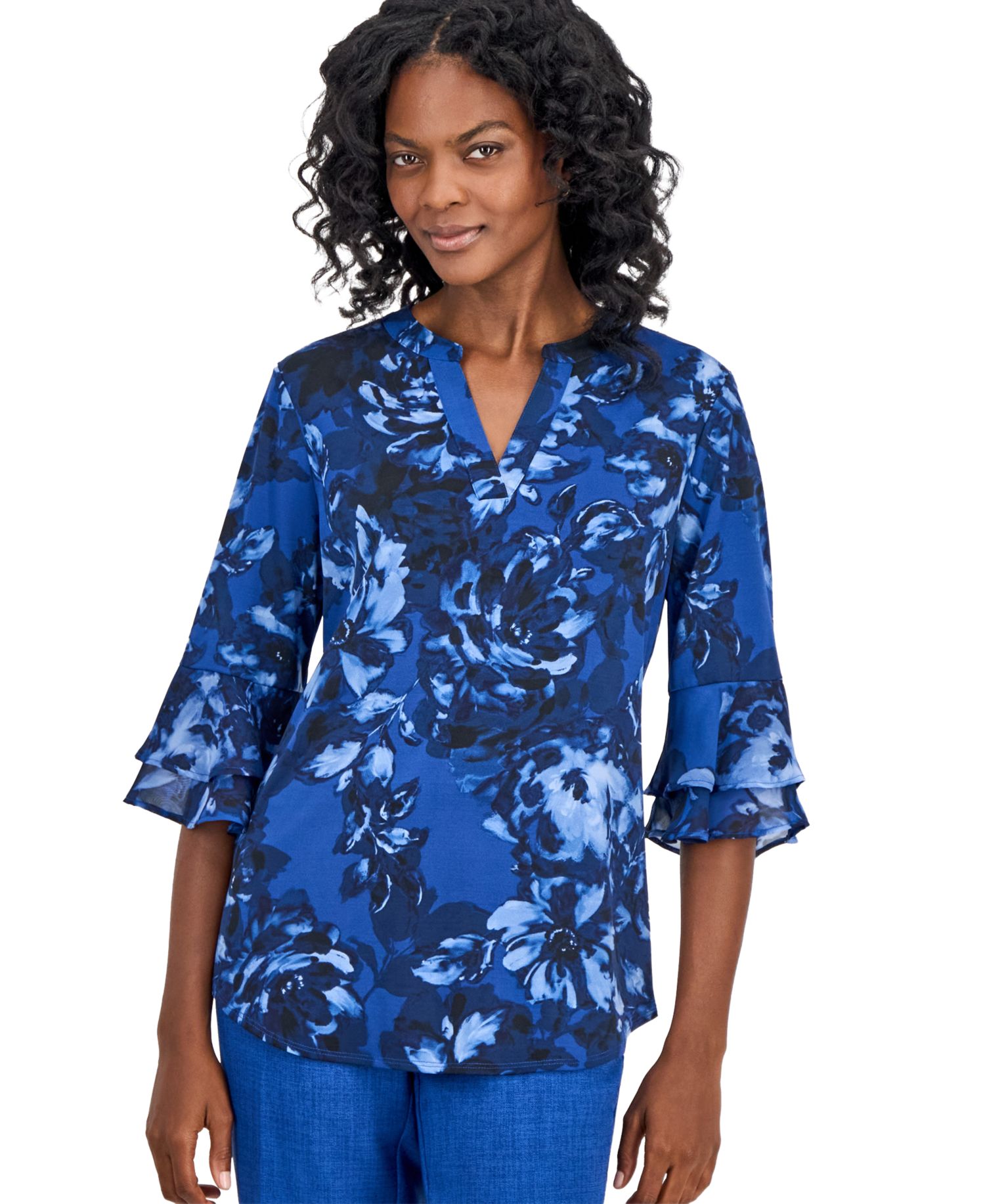 Women's Mixed-Media Tiered-Flutter-Sleeve Top