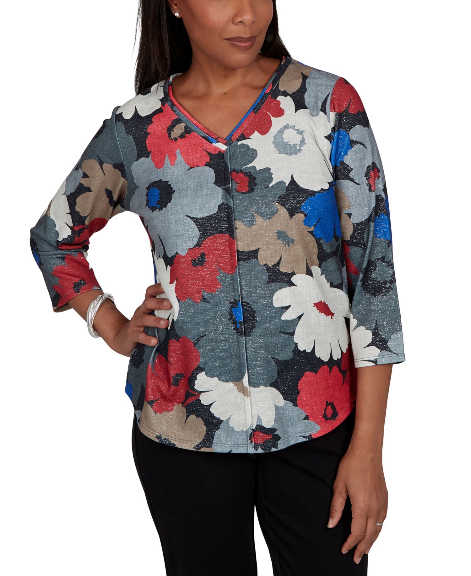 Petite Floral 3/4-Sleeve V-Neck Top