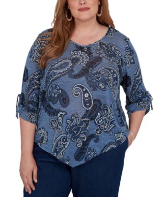 Plus Size V-Neck 3/4-Sleeve Asymmetric Hem Blouse