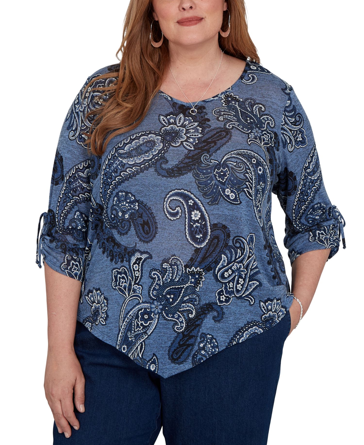 Plus Size V-Neck 3/4-Sleeve Asymmetric Hem Blouse