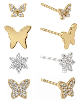High Polished and Cubic Zirconia Butterfly Flower Mix Match 4 Stud Earring Set, Gold Plate and Silver Plate