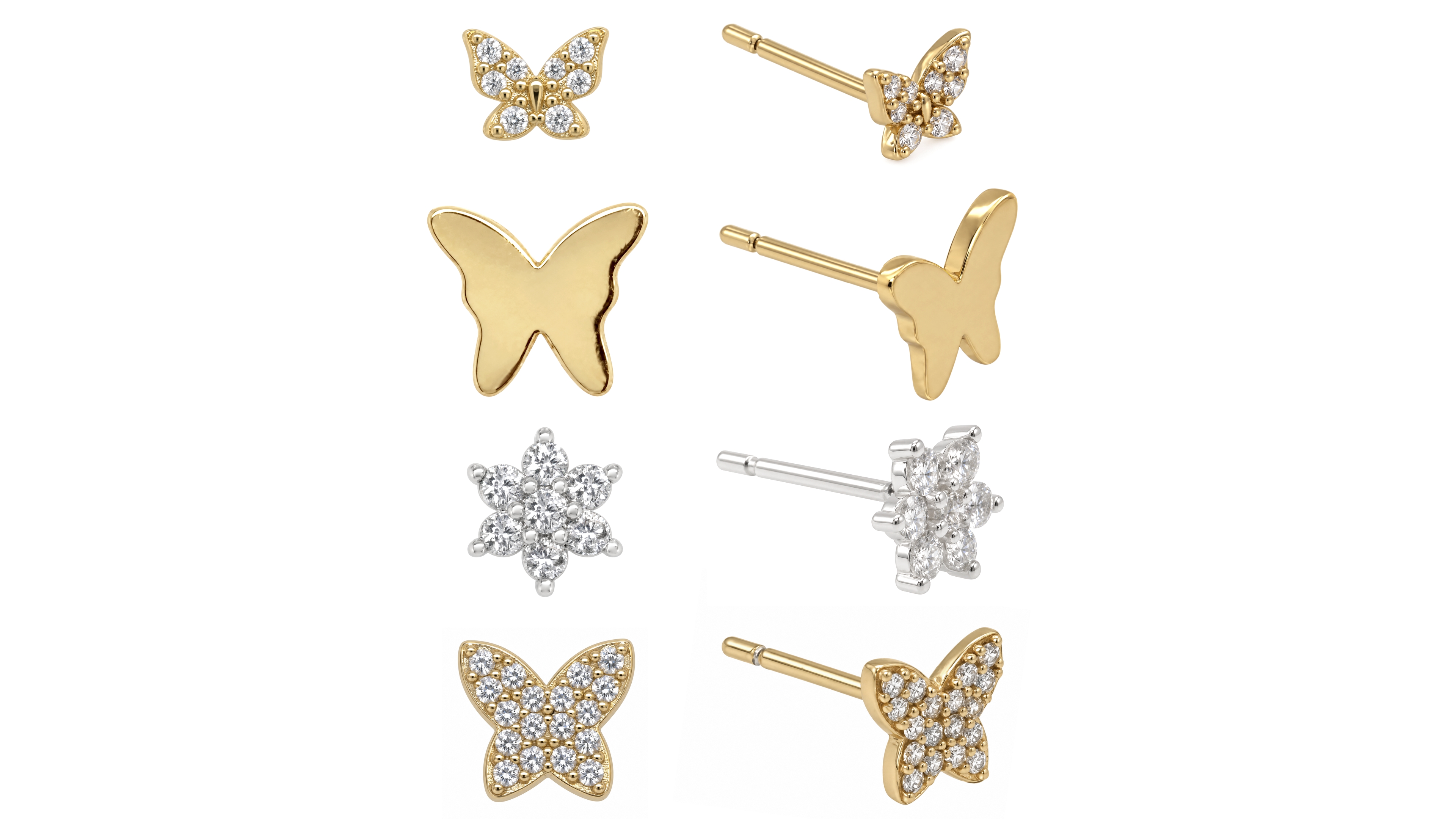 And Now This High Polished and Cubic Zirconia Butterfly Flower Mix Match 4 Stud Earring Set, Gold Plate and Silver Plate