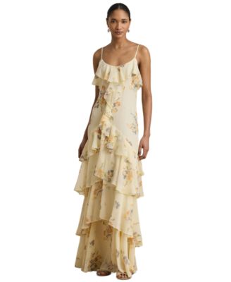 Floral Ruffle-Trim Georgette Gown