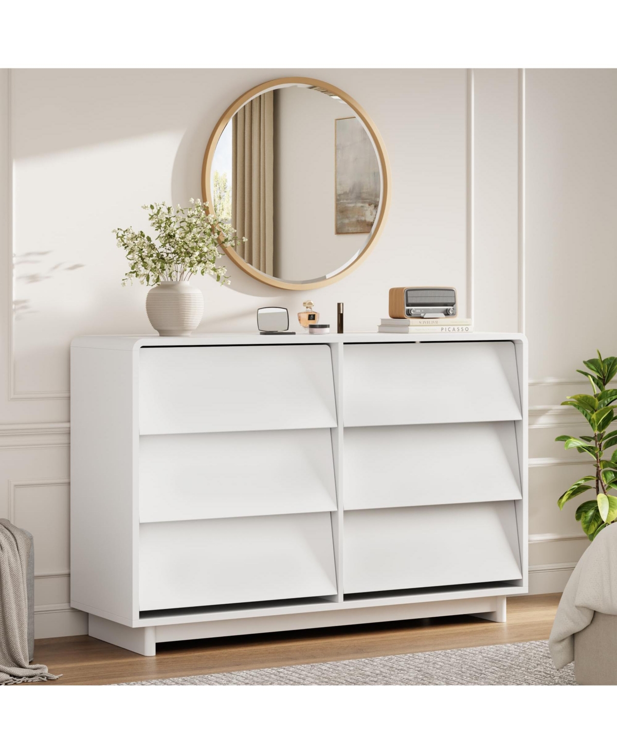homfan 6 Drawer Dresser, 47.2" Modern Wood Dresser with Curved-Edge Design, Chests of Drawers with Large Capacity for Bedroom - White