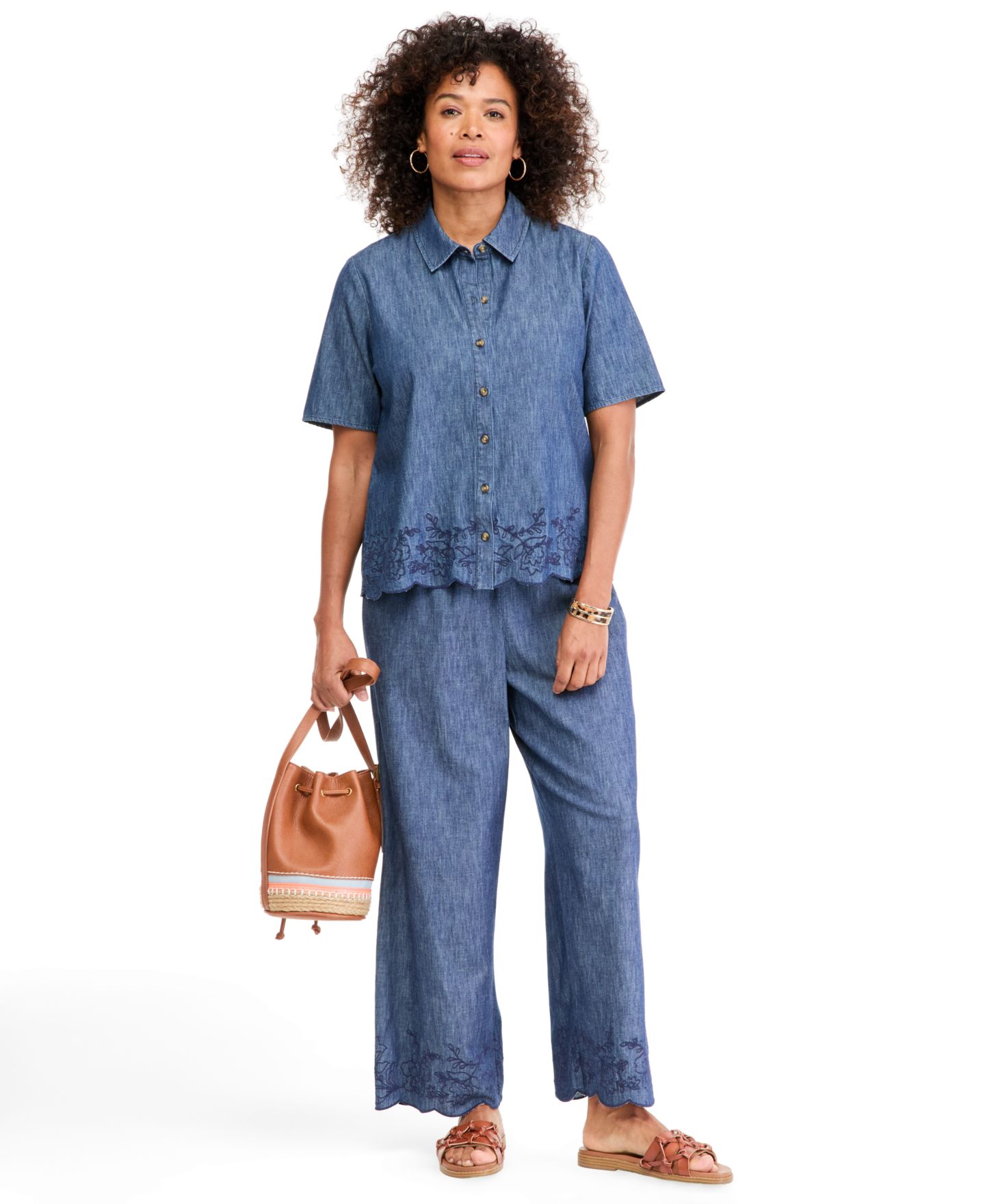 Женская рубашка Style & Co Peplum Elbow-Sleeve Chambray Embroidered Scalloped-Hem, цвет: Варёный — фото 2