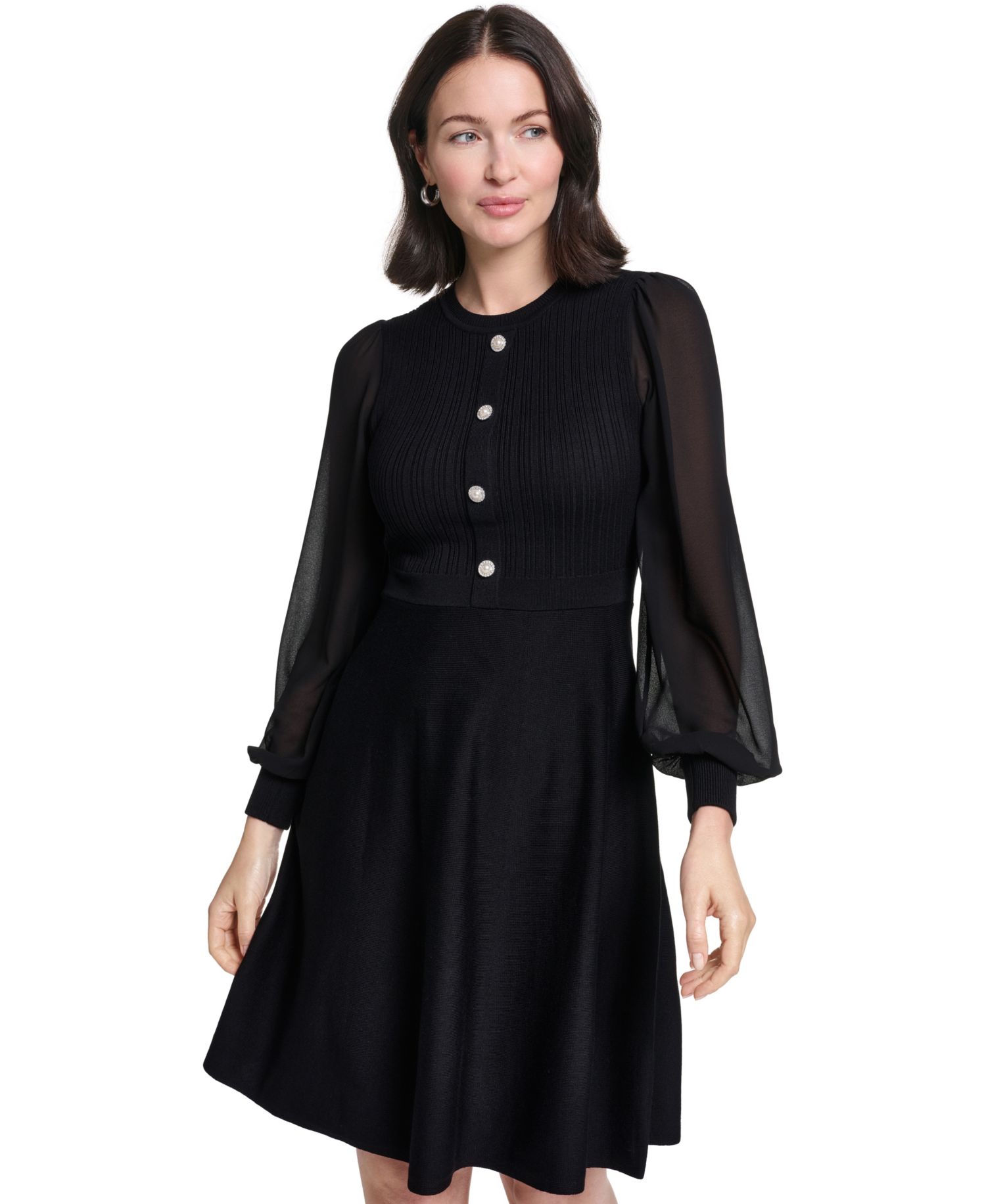 Petite Long-Sleeve Midi Fit & Flare Dress