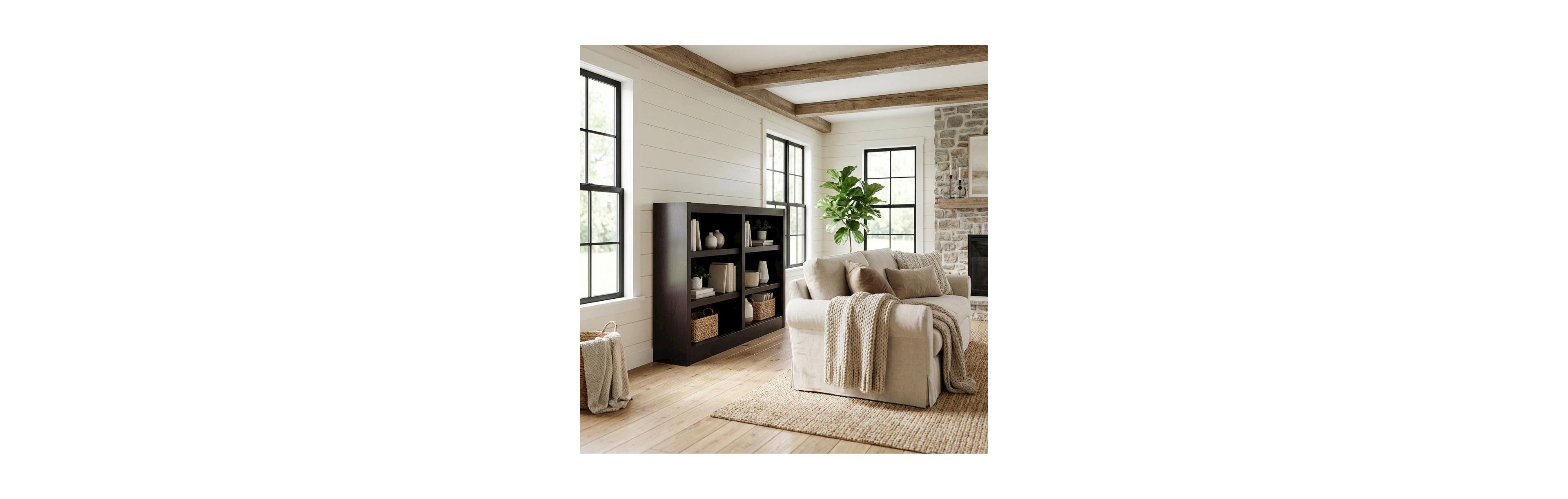 FurniFact Espresso Finish Double Wide Bookcase with 6 Shelves and Adjustable Storage