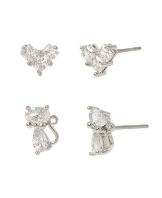 Cubic Zirconia Silver-Tone Heart Stud Earrings, 2-Piece Set