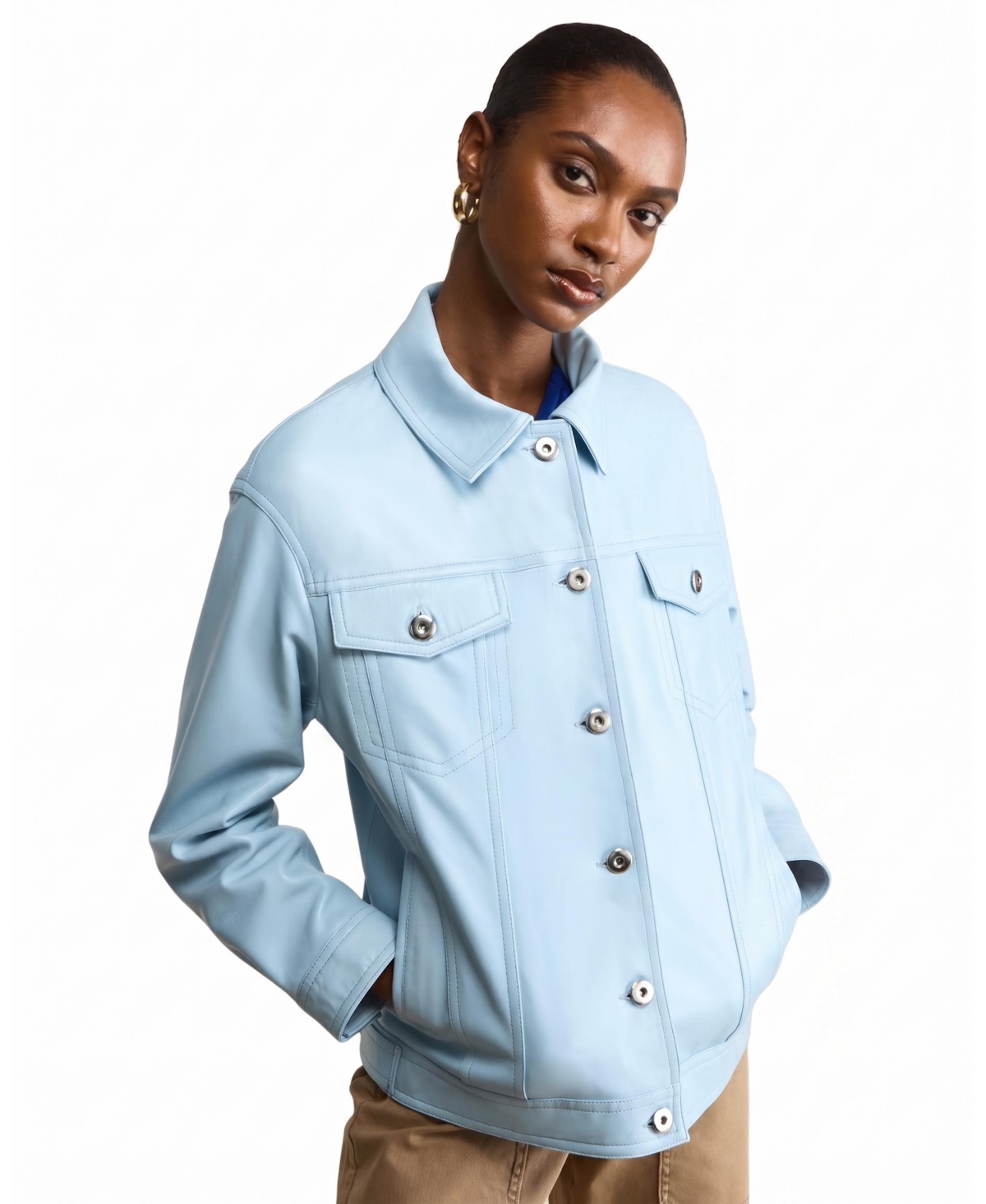 Furniq Uk Women's Leather Shirt Jacket, Created For Macy's - Light blue