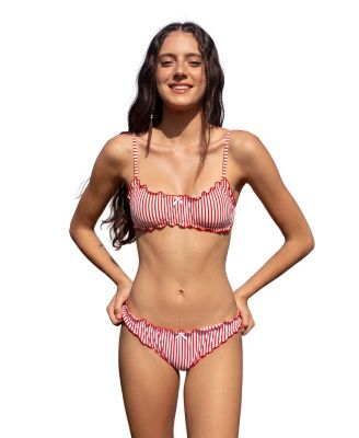 Women's Vertical Stripe Ruffled Bow Detail Bikini Set