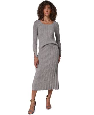 Women's Merino Wool Boat-Neck Ribbed Long-Sleeve Sweater and Rib Stitch High-Waisted A-Line Wool Skirt