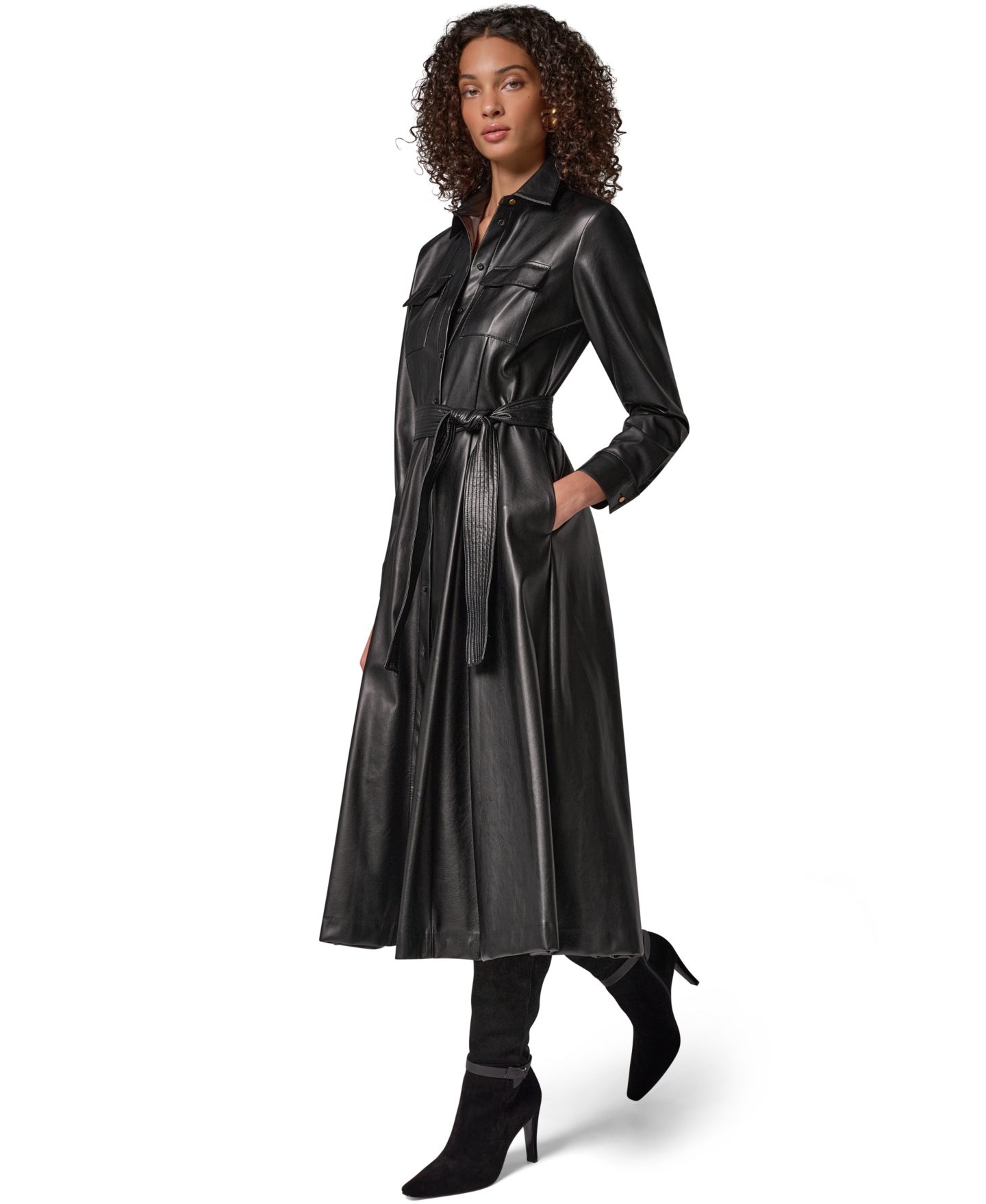 Женское платье Donna Karan New York Faux Leather Belted Fitted Shirt Dress, цвет: Чёрный — фото 5