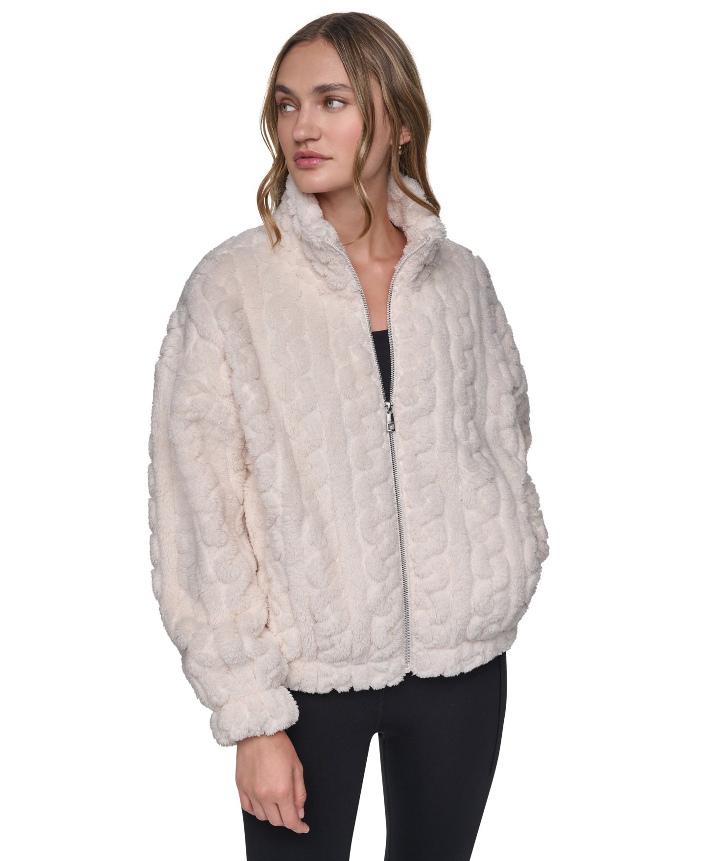 Женская куртка из шерпы DKNY Sport на молнии с узором в косы, цвет: Сливочный — фото 3
