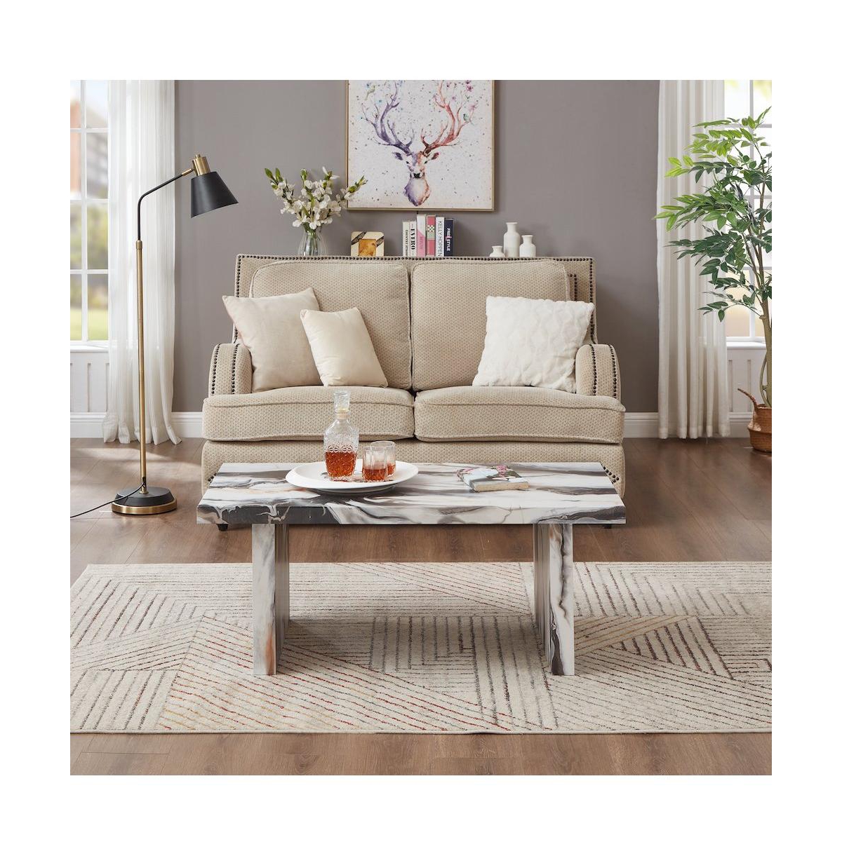 Roundhill Furniture Cavira 3-Piece Faux Marble Coffee Table Set, Table and Two Side Tables