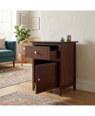 Farmhouse End Table With Storage in Walnut Finish, Wooden Side Table And Drawer